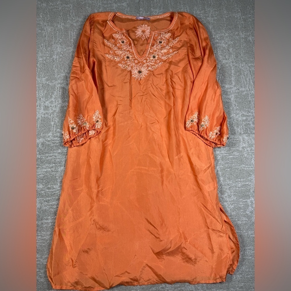 Calypso christiane Celle 100% Silk Embroidered 1/2 Sleeve Dress Sz M